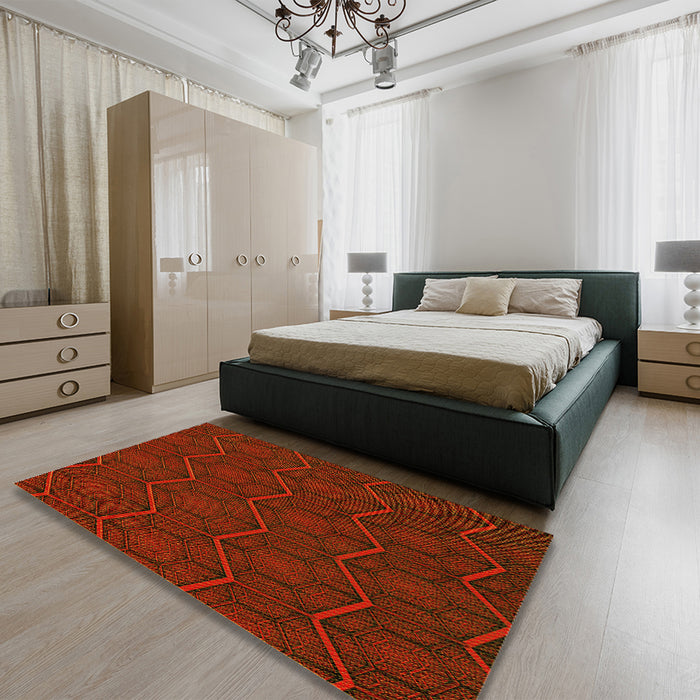 Patterned Tomato Red Rug in a Bedroom, pat1663yw