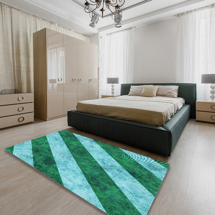Patterned Bright Turquoise Blue Rug in a Bedroom, pat1677lblu