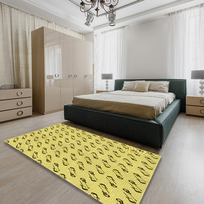 Round Machine Washable Transitional Bold Yellow Rug in a Office, wshpat1678yw