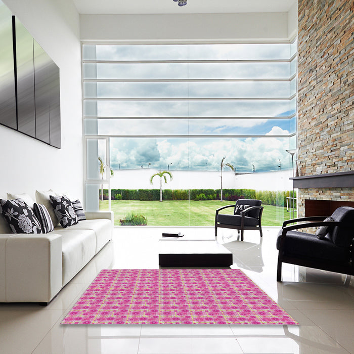 Square Patterned Deep Pink Abstract Machine Washable Rug in a Living Room, wshpat1684