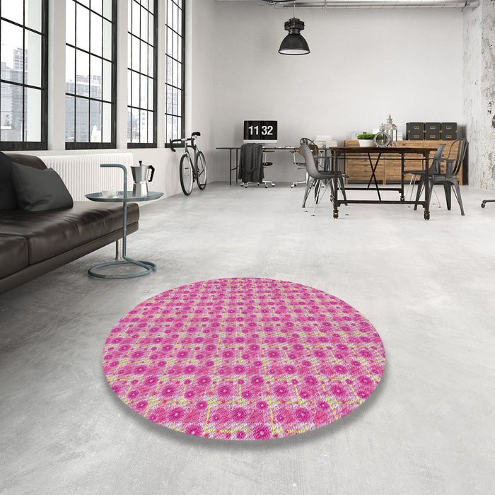 Round Patterned Deep Pink Abstract Machine Washable Rug in a Office, wshpat1684