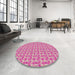 Round Patterned Deep Pink Abstract Machine Washable Rug in a Office, wshpat1684