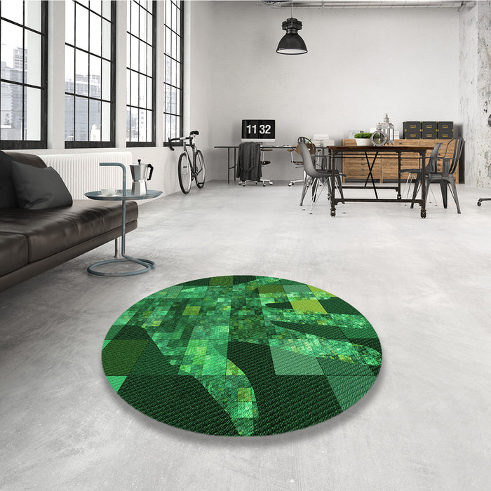 Round Patterned Deep Emerald Green Rug in a Office, pat1685grn
