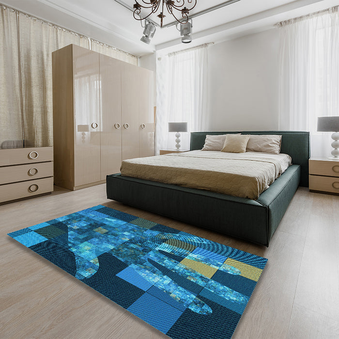 Patterned Deep Sky Blue Rug in a Bedroom, pat1685lblu