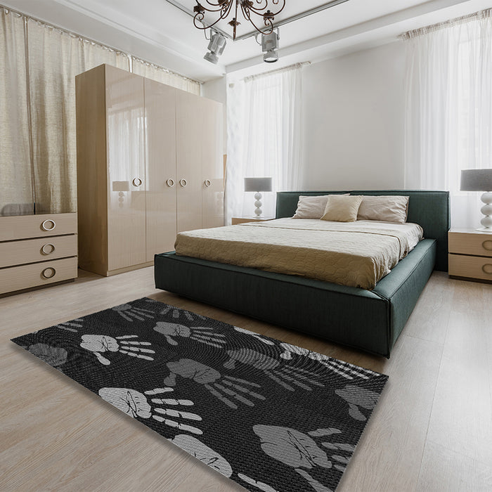 Round Machine Washable Transitional Black Rug in a Office, wshpat1687gry