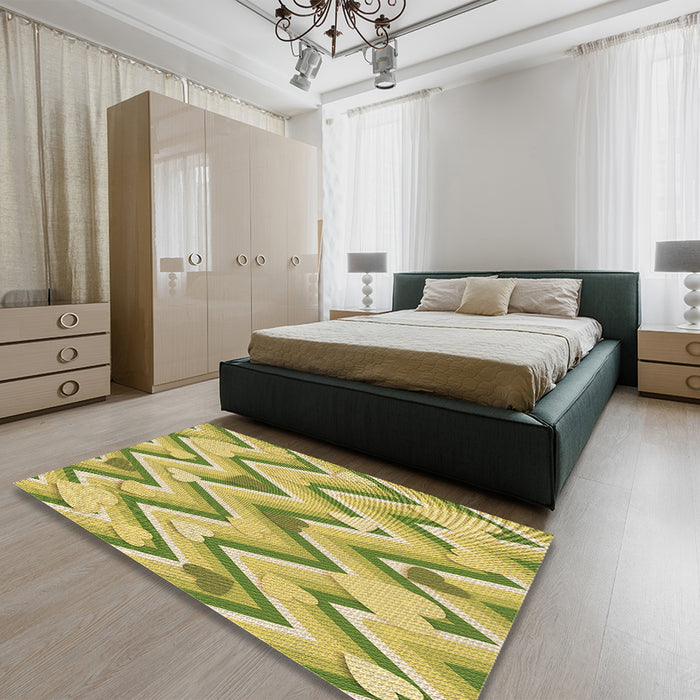 Patterned Dark Yellow Green Rug in a Bedroom, pat1688brn