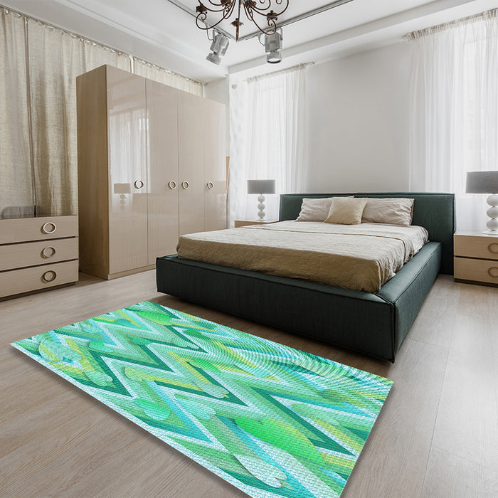 Patterned Turquoise Green Rug in a Bedroom, pat1689lblu