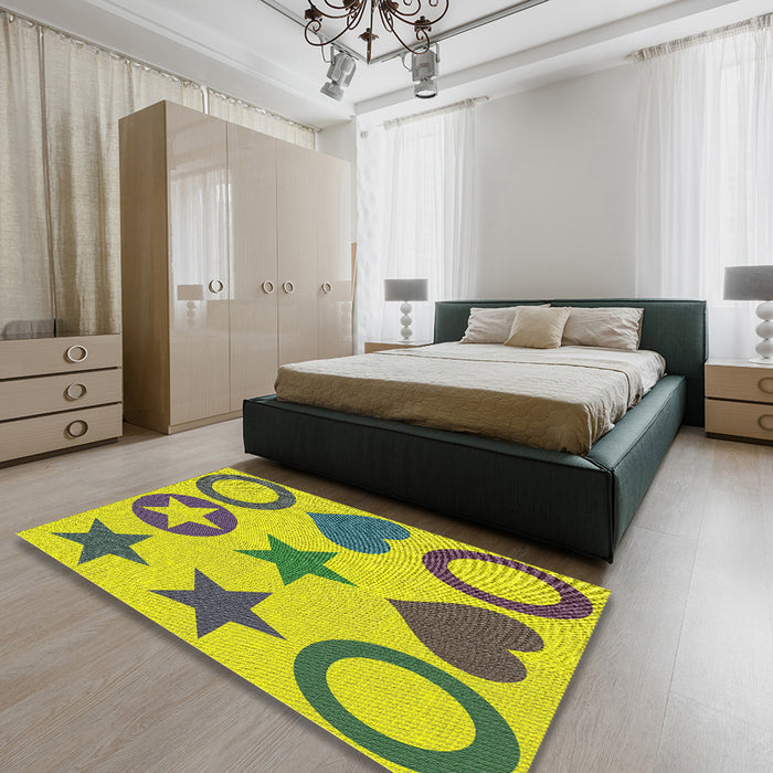Patterned Yellow Novelty Rug in a Bedroom, pat1692
