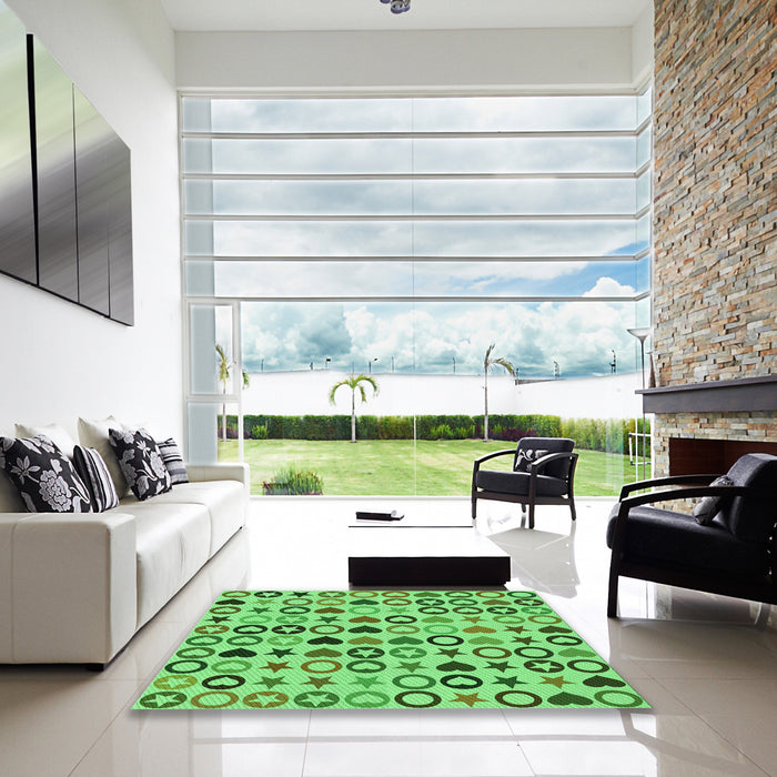 Square Patterned Dark Lime Green Rug in a Living Room, pat1693grn