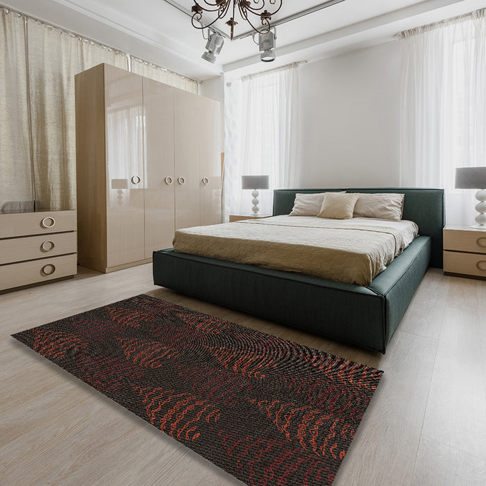 Patterned Black Brown Abstract Machine Washable Rug in a Bedroom, wshpat1697