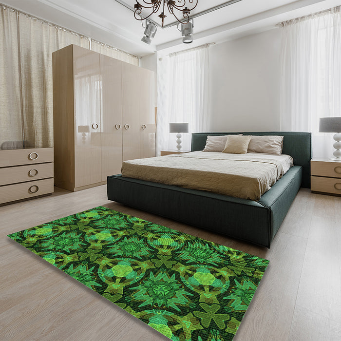 Patterned Dark Forest Green Rug in a Bedroom, pat17grn