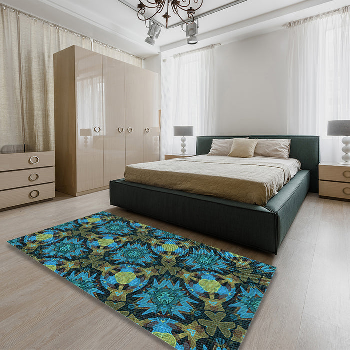 Patterned Deep-Sea Green Rug in a Bedroom, pat17lblu