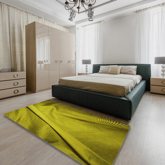 Patterned Dark Yellow Green Rug in a Bedroom, pat170yw