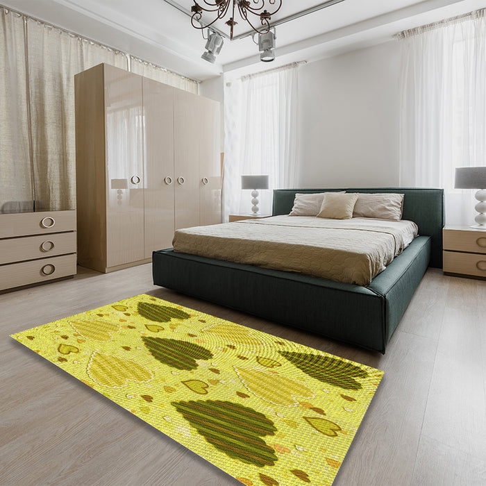 Patterned Yellow Rug in a Bedroom, pat1700yw