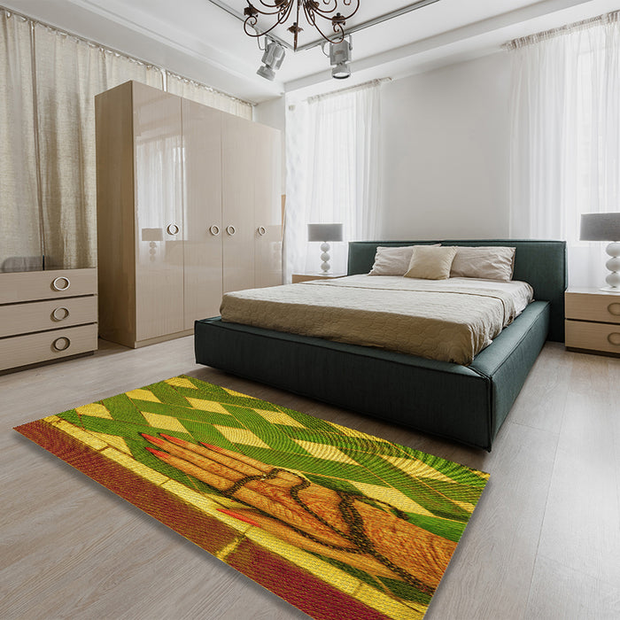 Patterned Saddle Brown Rug in a Bedroom, pat1706yw