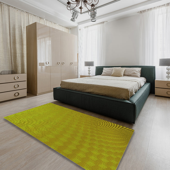 Patterned Dark Yellow Green Rug in a Bedroom, pat1707yw