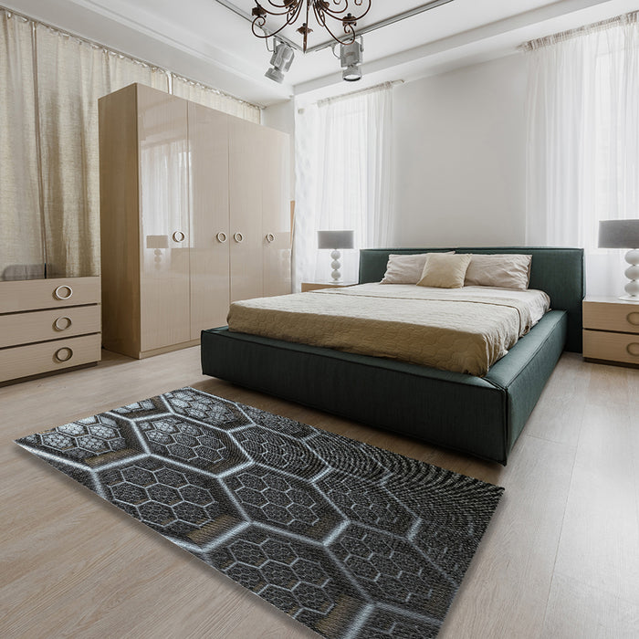 Patterned Silver Gray Abstract Machine Washable Rug in a Bedroom, wshpat1711