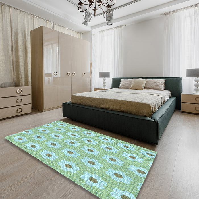 Patterned Aquamarine Green Rug in a Bedroom, pat1714lblu