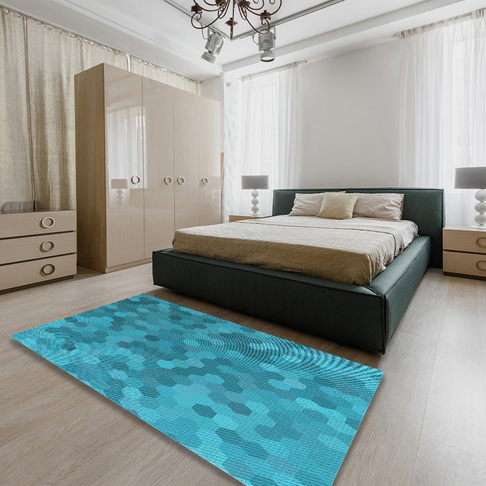 Patterned Bright Turquoise Blue Rug in a Bedroom, pat1720lblu