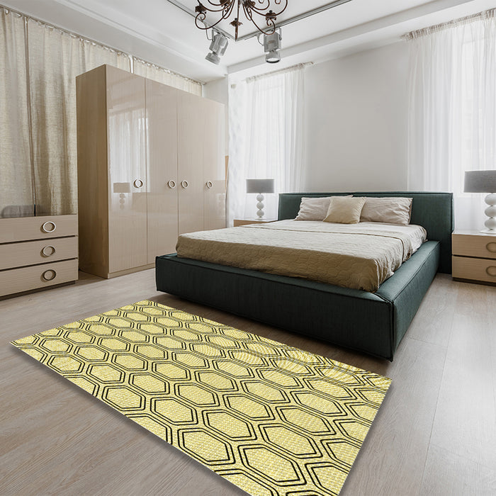 Round Machine Washable Transitional Sun Yellow Rug in a Office, wshpat1726yw