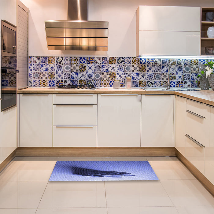Patterned Denim Blue Rug in a Kitchen, pat1728blu
