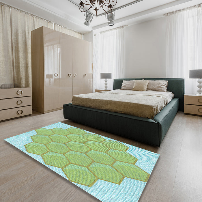 Patterned Green Rug in a Bedroom, pat1729lblu