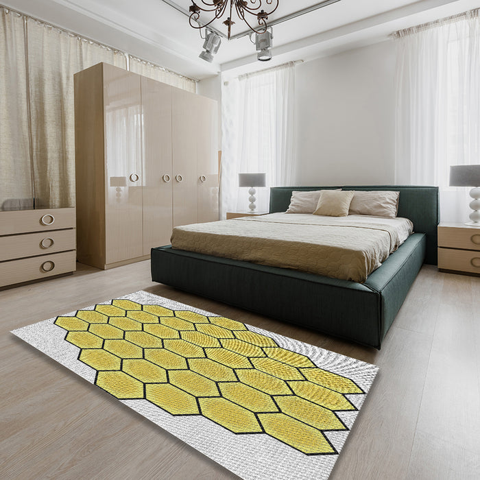 Machine Washable Transitional Mustard Yellow Rug in a Bedroom, wshpat1730