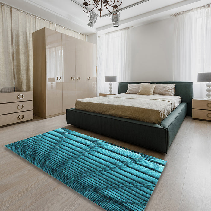 Patterned Bright Turquoise Blue Rug in a Bedroom, pat1731lblu