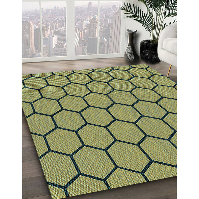 Patterned Antique Bronze Green Rug in Family Room, pat1732lblu