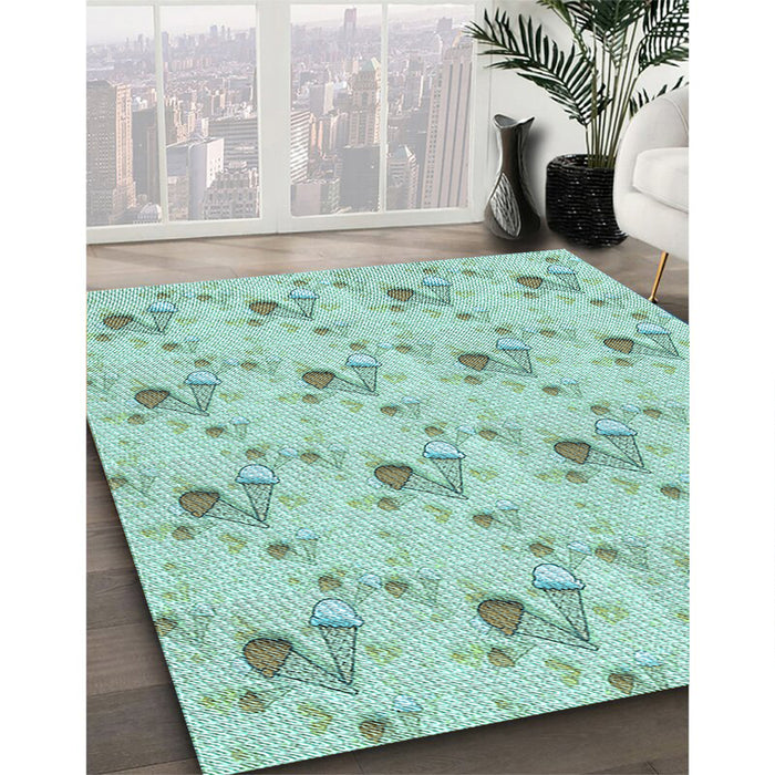Patterned Emerald Green Rug in Family Room, pat1741lblu