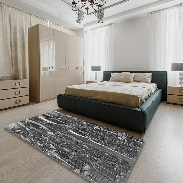 Patterned Dark Gray Black Rug in a Bedroom, pat1744gry
