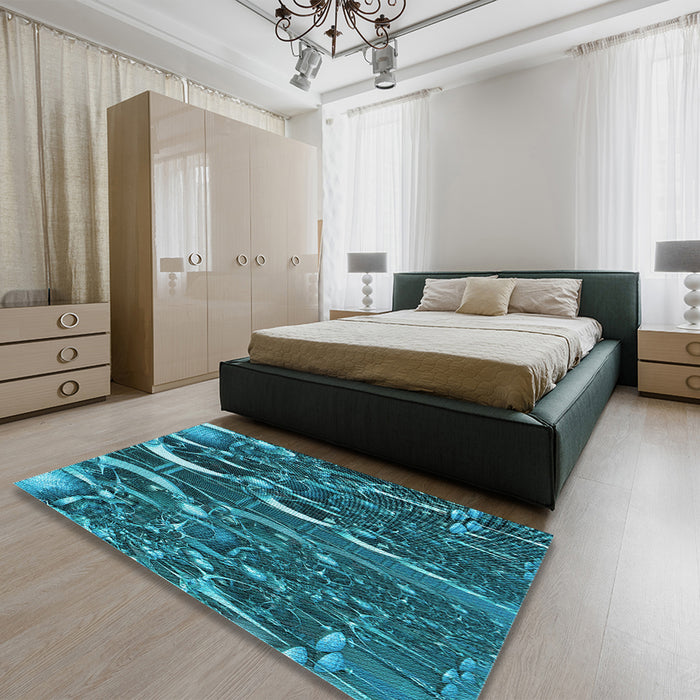 Round Machine Washable Transitional Dark Turquoise Green Rug in a Office, wshpat1744lblu