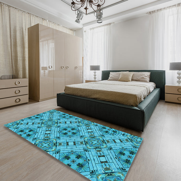 Patterned Dark Cyan Green Rug in a Bedroom, pat1747lblu