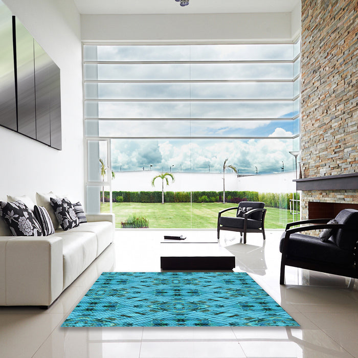 Square Patterned Dark Cyan Green Rug in a Living Room, pat1747lblu