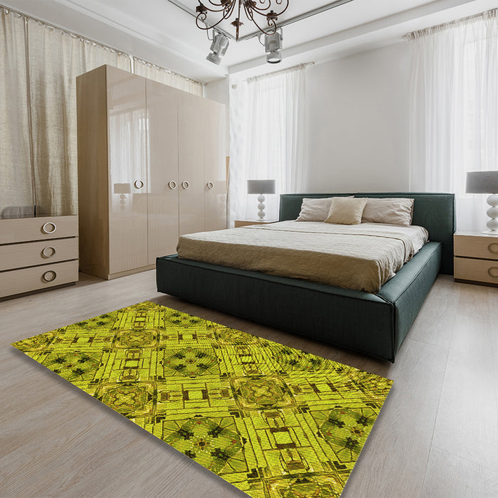 Patterned Olive Green Rug in a Bedroom, pat1747yw