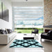 Square Patterned Deep Teal Green Rug in a Living Room, pat1748lblu