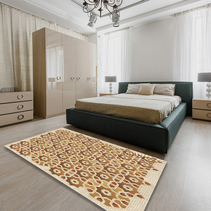 Round Machine Washable Transitional Brown Gold Rug in a Office, wshpat1749brn