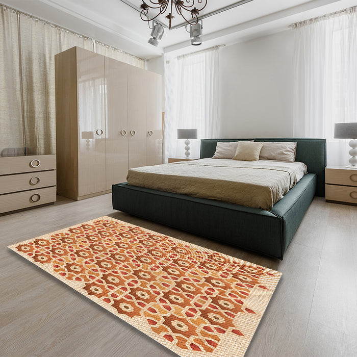 Round Machine Washable Transitional Orange Red Orange Rug in a Office, wshpat1749org