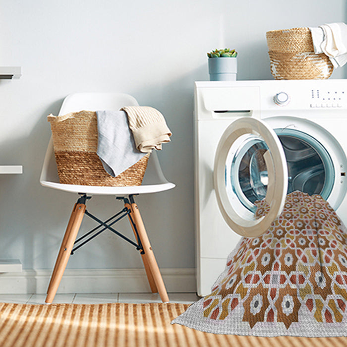 Patterned Dark White Beige Abstract Machine Washable Rug in a Washing Machine, wshpat1749
