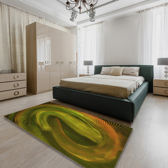 Patterned Dark Yellow Green Rug in a Bedroom, pat1750yw