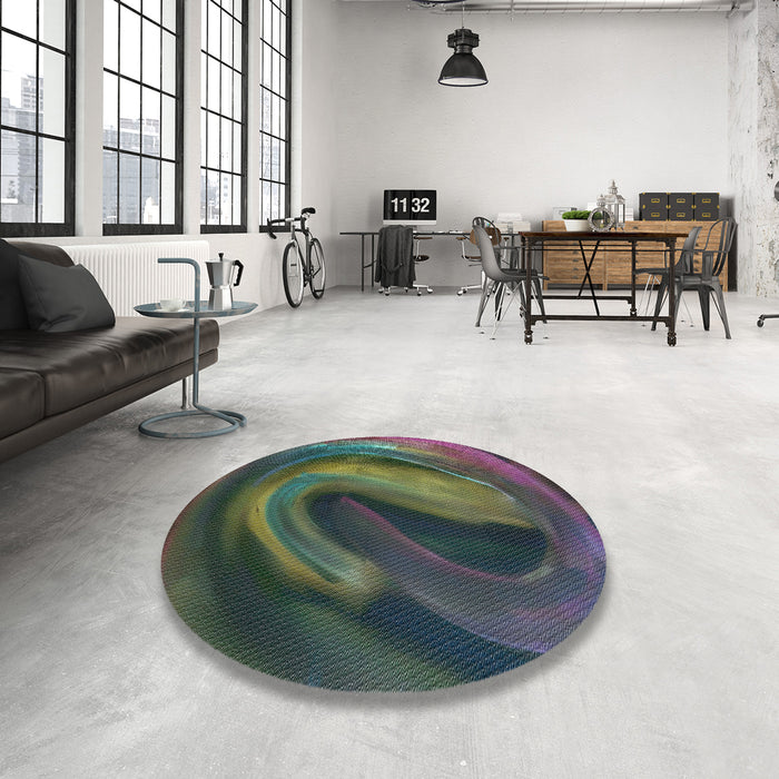 Round Patterned Charcoal Black Abstract Machine Washable Rug in a Office, wshpat1750