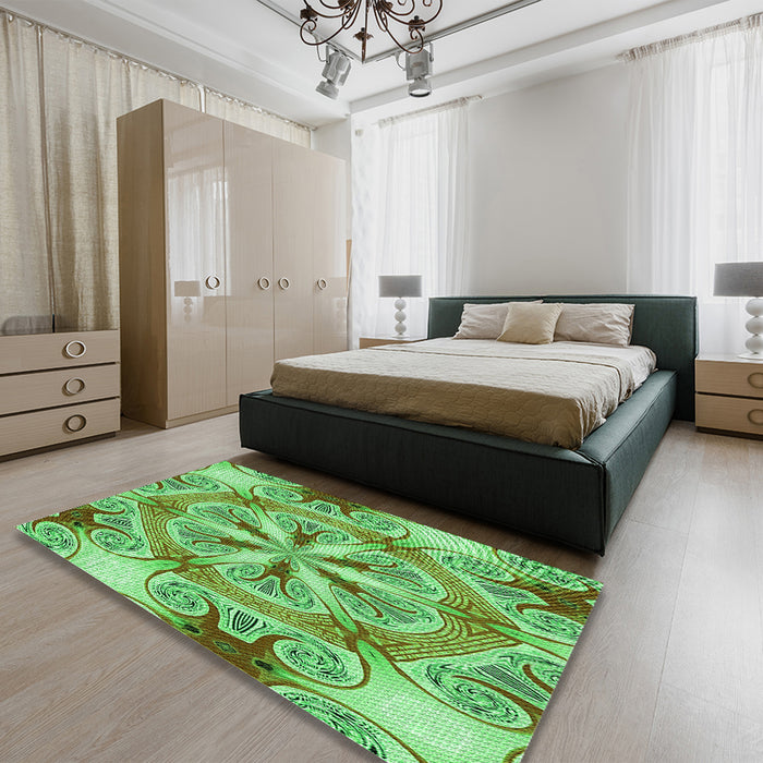 Patterned Dark Lime Green Rug in a Bedroom, pat1751grn