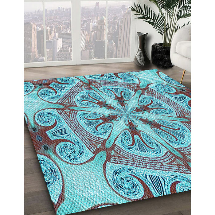 Patterned Marble Blue Rug in Family Room, pat1751lblu