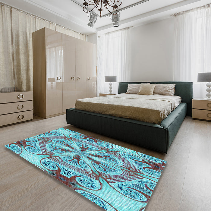 Round Machine Washable Transitional Marble Blue Rug in a Office, wshpat1751lblu
