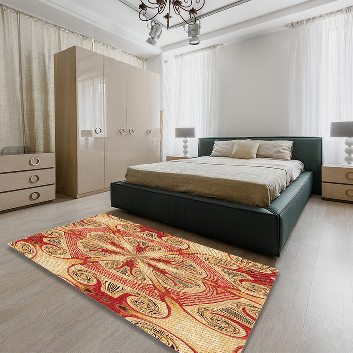 Round Machine Washable Transitional Yellow Orange Rug in a Office, wshpat1751org
