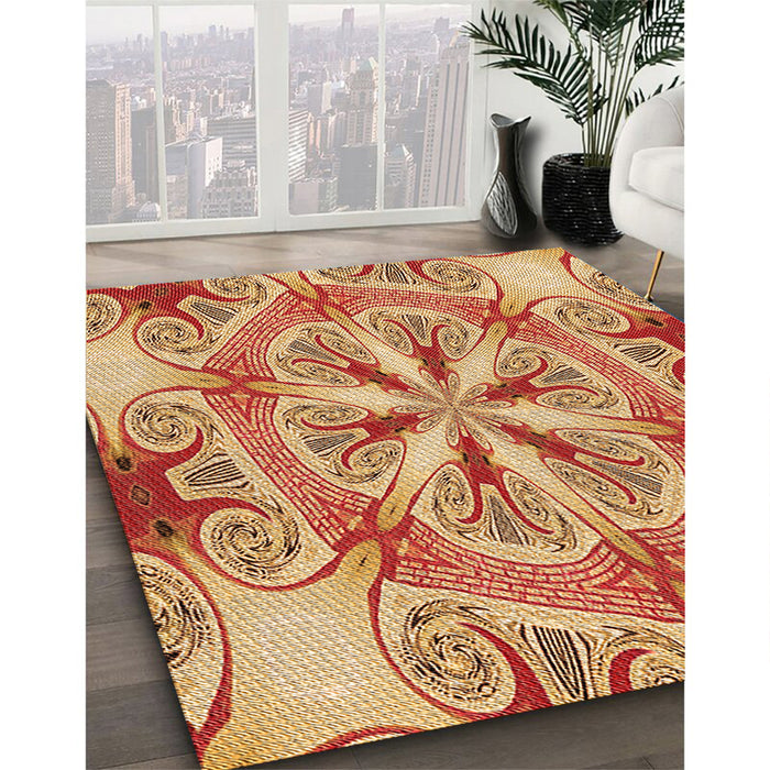 Patterned Yellow Orange Rug in Family Room, pat1751org