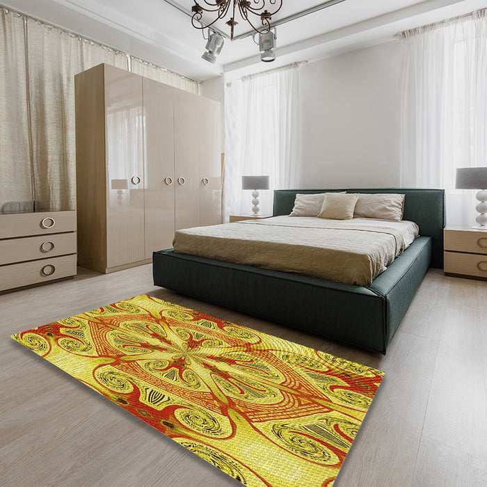 Round Machine Washable Transitional Yellow Rug in a Office, wshpat1751yw