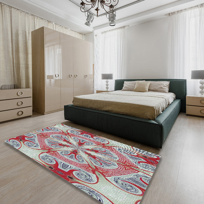 Patterned Chestnut Brown Modern Rug in a Bedroom, pat1751
