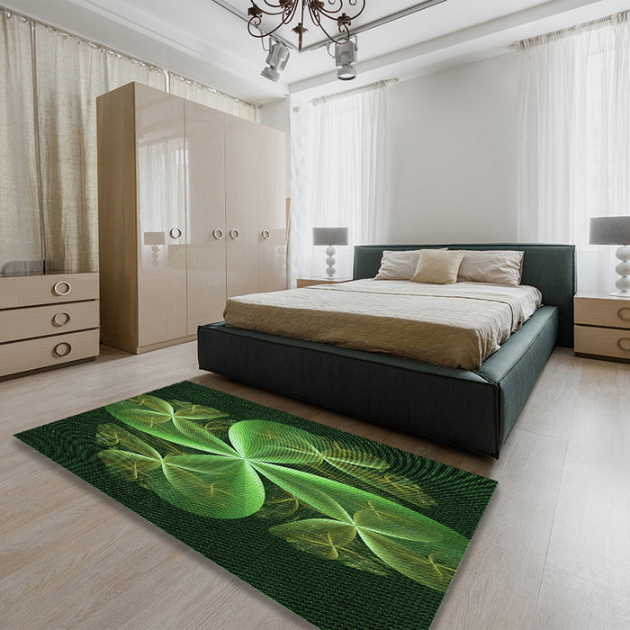 Patterned Dark Lime Green Rug in a Bedroom, pat1752grn