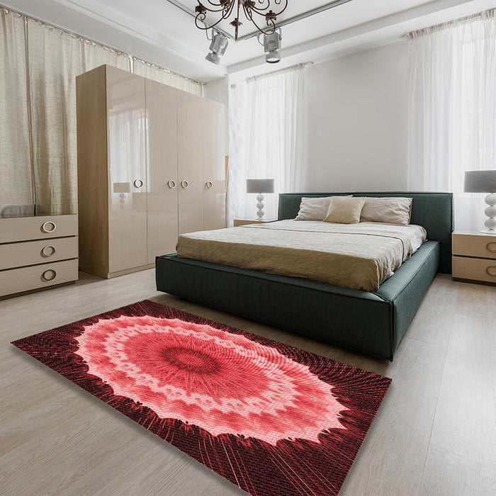 Patterned Cranberry Red Rug in a Bedroom, pat1754rd